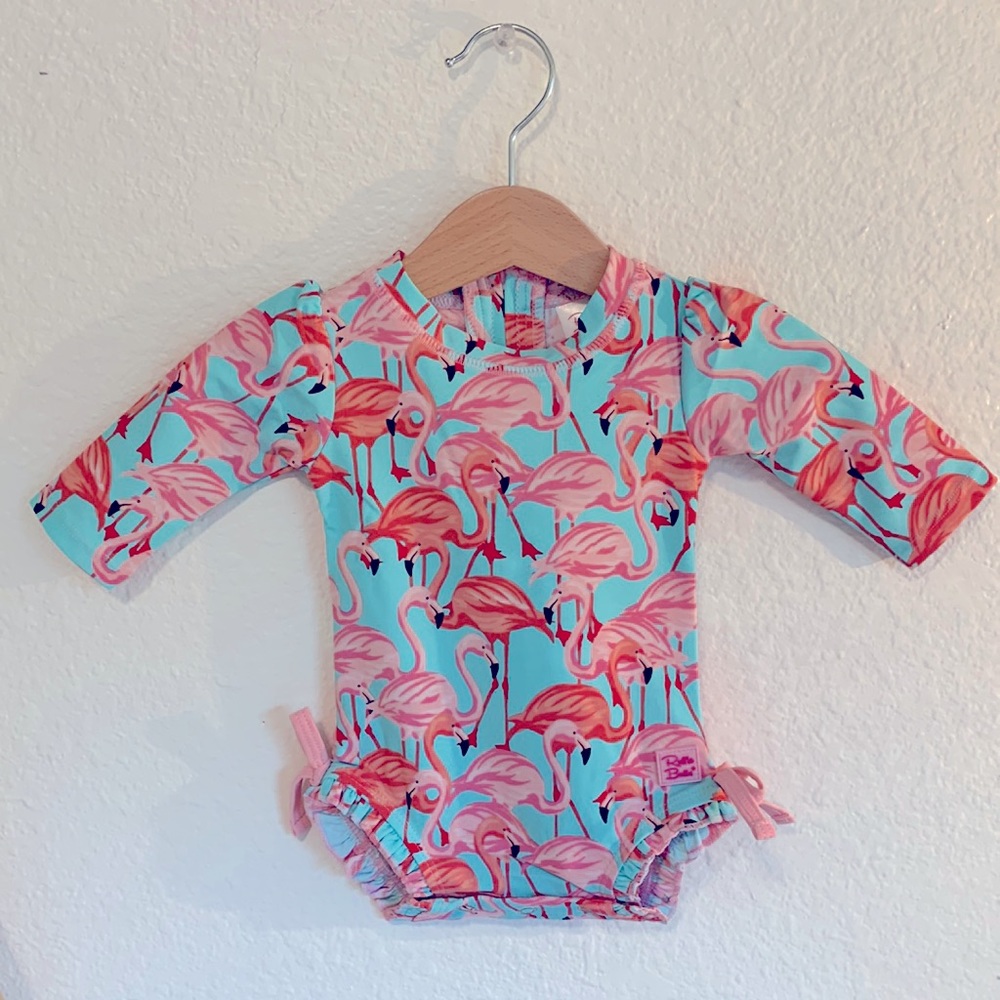 RuffleButts 0-3 months flamingo rash guard swimsuit